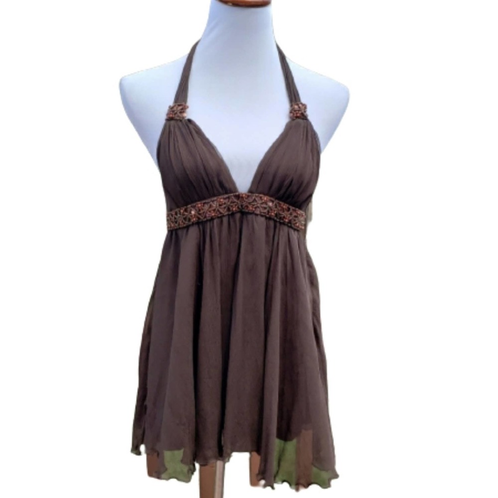 Dress Brown Mini Halter Sheer Layers Metallic Beaded Formal ALLEN SCHWARTZ Sz M